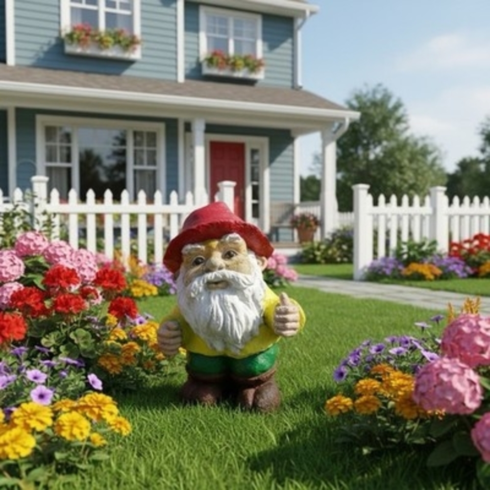 Vintage Garden Gnome Statue Thumbs Up Clay Red Hat Yard Decor 10" Good
